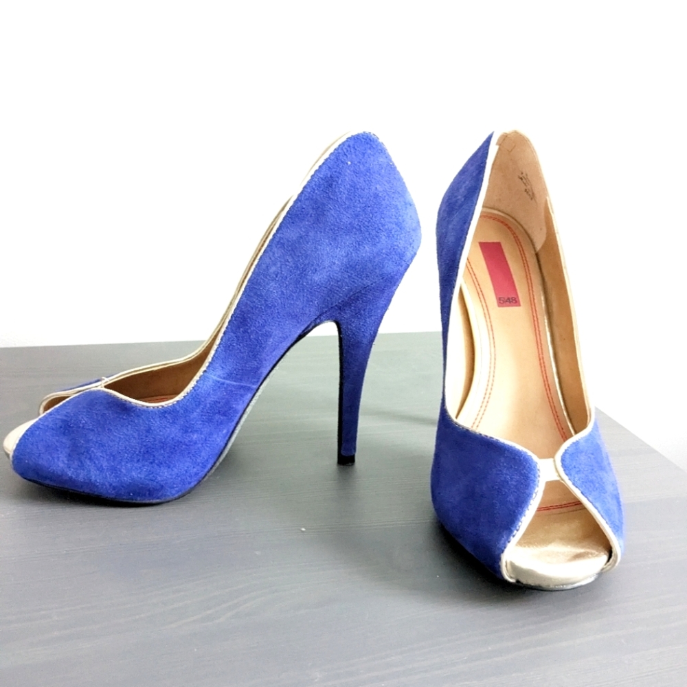 5/48 Saks Fifth Avenue Cobalt Blue Suede Peep Toe Heels